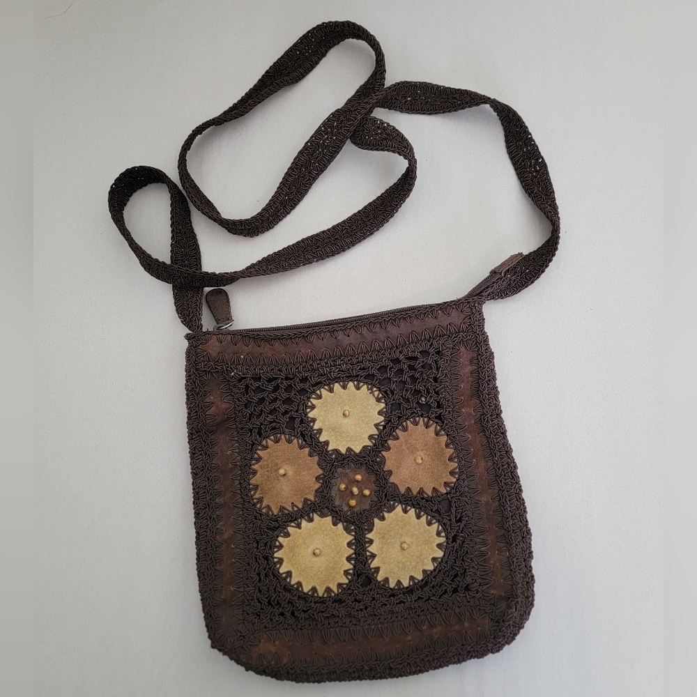 Vintage Brown Boho Floral Beaded Crochet Leather Crossbody Purse